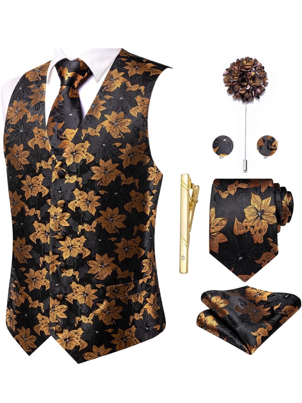 Black & Gold Floral Jacquard Waistcoat Set with Matching Tie